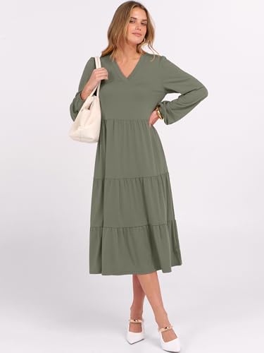 Image of ANRABESS Women's Long Lantern Sleeve Floral Midi Dresses 2026 Fall V Neck Casual Flowy A-line Tiered Boho Vacation Dress