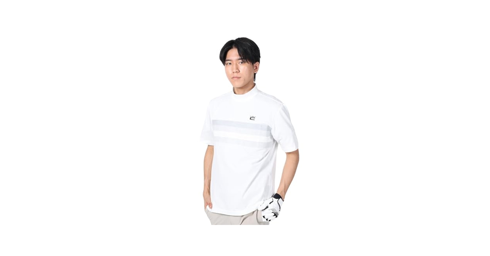 COBRA - 【COBRA／コブラ】胸元ストライプ ストレッチ 半袖モックネックシャツ・M・橙 COBRA／コブラ】胸元ストライプ ストレッチ 半袖モックネック