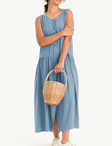 Image of Bozanly Summer Sleeveless Maxi Dress for Women Button Down Midi Dresses with Pockets Solid Color Loose Flowy Beach Dress 2025