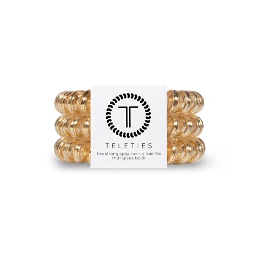 TELETIES - Spiral Hair Coils - Ponytail Holder Hair Ties for Women - Phone Cord Hair Ties - Strong Grip, No Rip, Water Resistant, No Crease Hair Tie Coils - 3 pack (Large, Good as Gold)