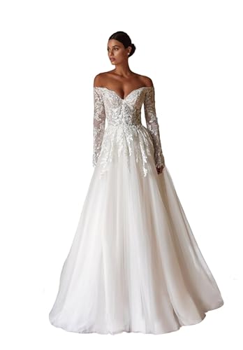 Off Shoulder Tulle Wedding Dress A-Line Lace Applique Bridal Dresses for Bride 2025 with Train