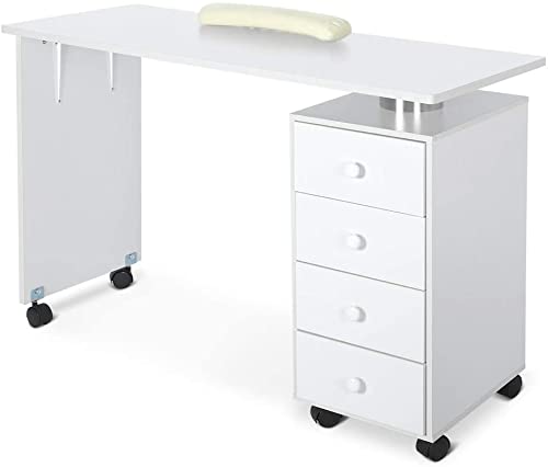 GOTOTOP Nail Table Artist Hand Portable Manicure Workstation Desk Spa Beauty Salon Beauty Salon Density Board Technician Table Stations Equipment with Wheels and White Wrist White