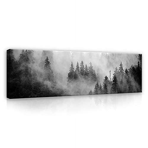 WallArena - Leinwand Bilder - Schwarz weiß Wald Nebel - 145x45 cm Leinwandbilder - Bild auf leinwand - Wandbild XXL groß Wandbilder für Wohnzimmer Schlafzimmer Wohnzimmerbilder Modern
