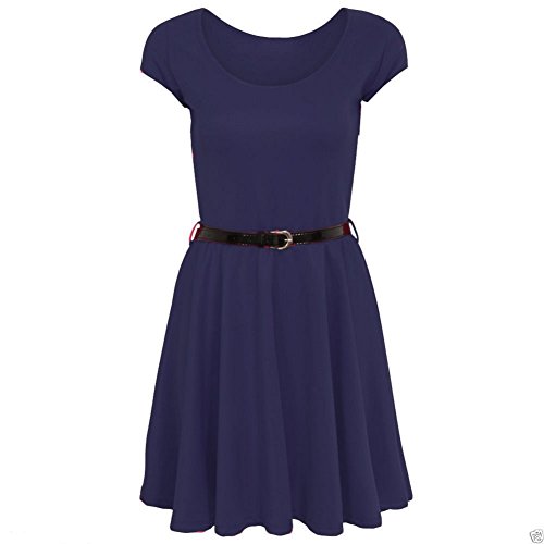 Momo&Ayat Fashions Ladies Flared Frankie Belted Cap Sleeve Skater Dress USA Size 4-22 (USA Size 16-18, Navy)