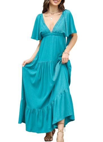 Image of Kikibell Women Summer Dresses Sexy V-Neck Maxi Dress Tiered Silhouette with Flutter Sleeve Backless Elastic Waist Flowy Dress