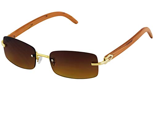 FLAWLESS EYEWEAR Slim Rimless Rectangular Sunglasses with Metal Wood Print Frame Luxe Dean (Rose Gold & Light Brown Wood)