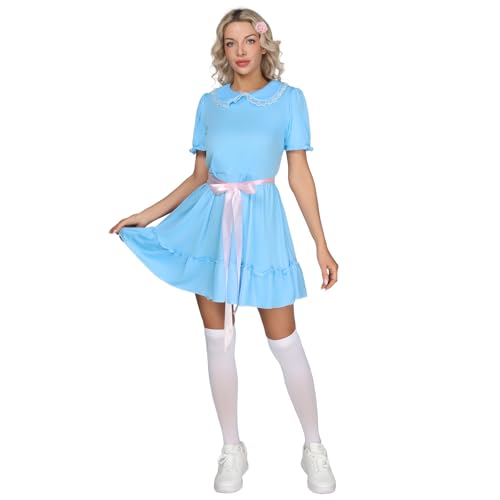 EraSpooky Disfraz gemelo para mujer Vestido de terror Vestido azul espeluznante con cinta de raso rosa para Halloween y fiestas cosplay