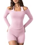 AVGO Women Pink Off The Shoulder Top Long Sleeve Workout Crop Top Gym Shirt