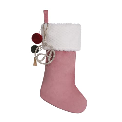 Pxniy Personalized Pink Velvet Christmas Stocking, Gold Wooden Initial