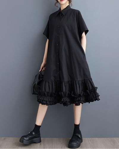 ellazhu Women's Shirt Dress Button Down Lapel Short Sleeve Ruffle Hem Oversize Loose Casual Solid GZ183 A2