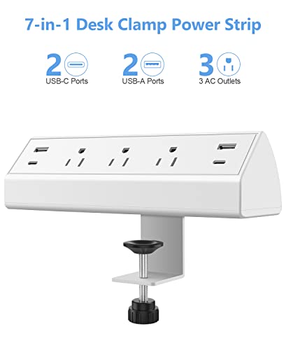 Image of Jgstkcity Desk Clamp Power Strip,40W Total Fast Charging Station,2 PD 20W USB C Ports,Desk Edge Mount Surge Protector for Home, Office,3 Outlets,Fit 1.96 inch Tabletop Edge,ETL Listed,White