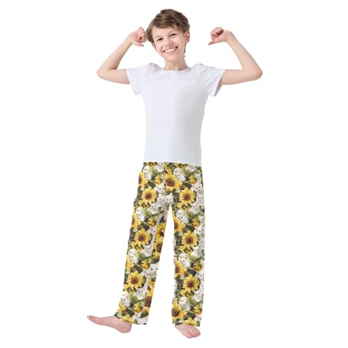 White Cat Sunflowers 1 Long Pajama Pants Bottoms Soft Sleepwear with Pockets2