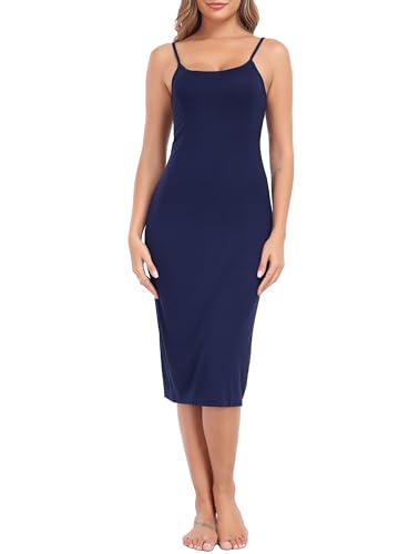 Lovasy Women's Full Slip for Under Dresses Cami Slip Mini Dress Adjustable Straps Basic Long Full Slips Nightgown Navy Blue,X-Large