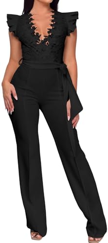 Image of PaladMom Womens Elegant Plus Size Jumpsuits Sexy Back zipper Short Sleeve Mid Waist Wide Leg Straight Rompers