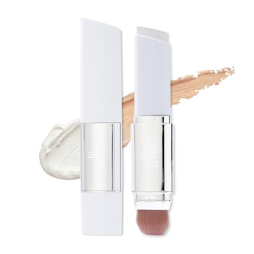 2 in 1 White Korean Color Changing Foundation Stick with Brush Cover Cream Stick Foundation Moisturizing Long-Lasting Hydration Makeup Light Coverage Concealer for All Skin Types (02#)