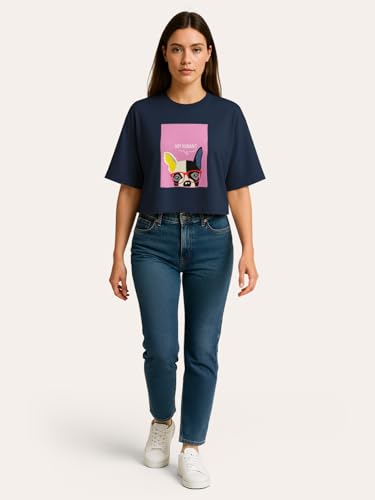 Image of HELLCAT Beige Printed Loose Fit Crew-Neck Crop T-Shirt for Women