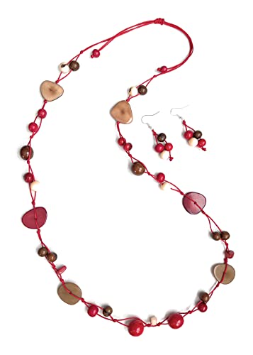 Collar tagua rojo marron beige juego de pendientes organicos 6