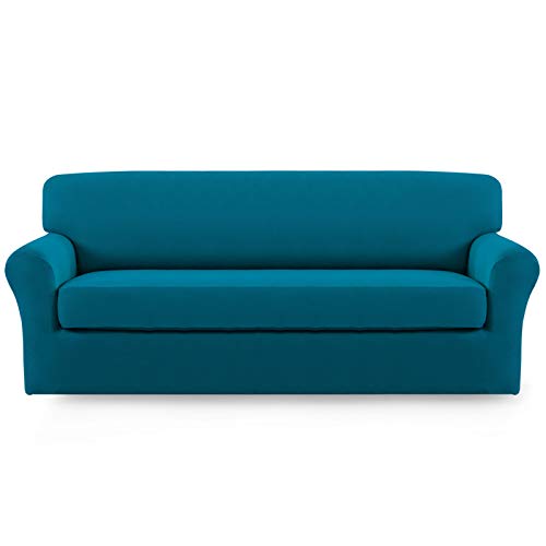 Image of Easy-Going 2 Pieces Stretch Couch Sofa Slipcover Washable | Spandex Soft Fitted Sofa Couch Cover for Sofa Furniture Protector with Bottom Kids,Pet Dog Peacock Blue