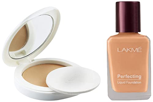 Image of LAKME Absolute PR Skin Lightening Compact SPF 23 IF, 8g & Perfecting Liquid Foundation, Shell, Waterproof Full Coverage Long Lasting Dewy Finish, 27ml