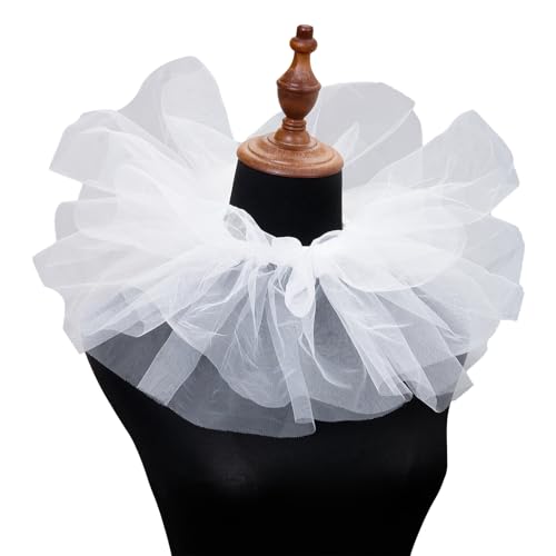 MUNSKT Victorian Ruffle Collar Mesh Neck Ruff Renaissance Retro Tulle Ruffle Clown Collar Layered Neck Ruff For Fancy Dress Jabot Halloween Party Cosplay Costume Accessory Roleplay Prop (White)