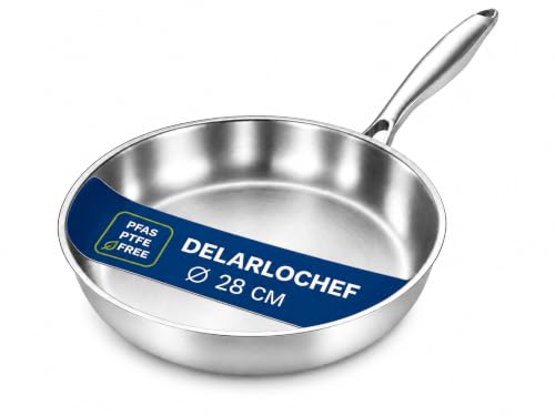 DELARLOCHEF Edelstahlpfanne 28 cm Unbeschichtete Bratpfanne für Induktion Durchgehend 3-lagig (3 mm) Backofenfest bis 400C Spülmaschinengeeignet
