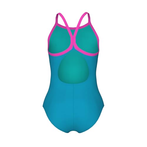 Image of ARENA Feel Girls' Junior Solid Light Drop Back Swimsuit Thin Straps Chlorine Resistant Quick Drying Comfortable One Piece Bathing Suit, Eyeblush Blue /Shocking Pink, US Size 6Y /24