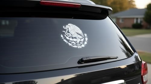 Image of 1 pcs Mexican Eagle Car Window Sticker Shield Emblem, 8 Inches - Calcomania Escudo Mexicano Aguila, White Vinyl, Weatherproof Decal for Car Bumper, Window, Truck