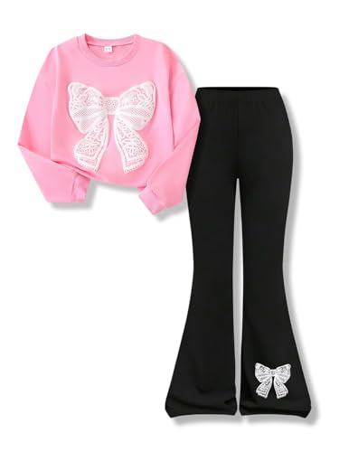 Vitalique Girls Clothes Size 6 7 Fall Long Sleeve Lace Bow Print Sweatshirt Flared Pants 2PCS Set Little Girl Outfits (Pink Size 6 7)