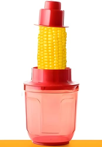Image of HELIMIX Corn Cutter Corn Cob Stripping Kernels Remover Vegetable Peeler Corn Seeds Remover Planer with Corn Storage Mug Red