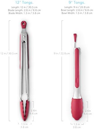 DI ORO® Kitchen Tong Set Stainless Steel with Non-Stick 250°C Heat-Resistant Silicone Tips Great Tool for Cooking, Serving, and Barbecuing - Dishwasher Safe (2-Piece Set Red)