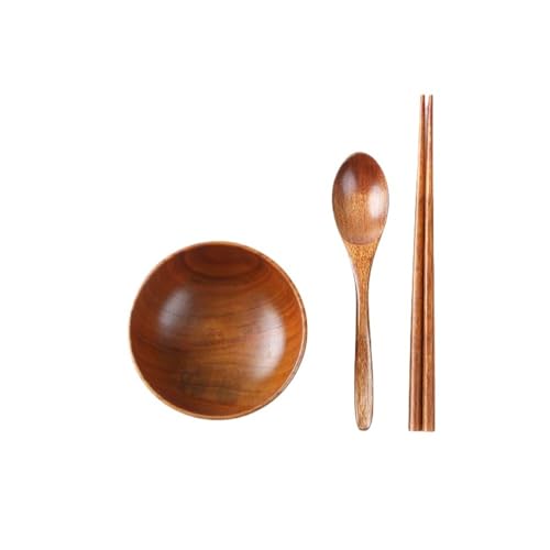 天然ナツメ木製ボウル、ご飯茶碗、木製スプーン箸食器セット、ラーメン、家庭用の用茶碗、うどん、そば、スープ(大サイズ) (13.6*7.7cm+スプーン+箸)