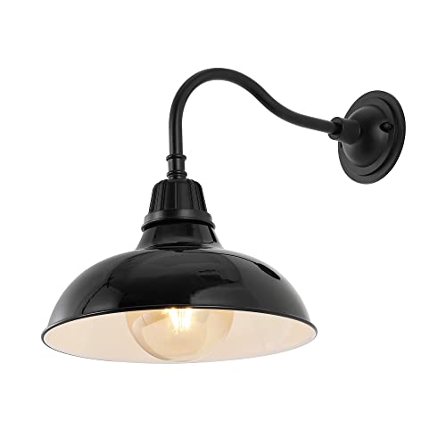 Image of JONATHAN Y 12.25 inch Black Farmhouse Industrial Outdoor Sconce, LED Gooseneck Wall Light for Porch, Metal Bowl Shade, Dimmable Vintage Exterior Fixture, LED Bulb Included (JYL7613B)