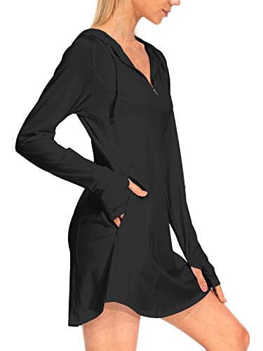 Women Beach Cover Up Long Sleeve Dresses Upf 50+ Shirts Sun Protection Zip Hoodie With Pockets Thumbholes Black Xl New #TOP1