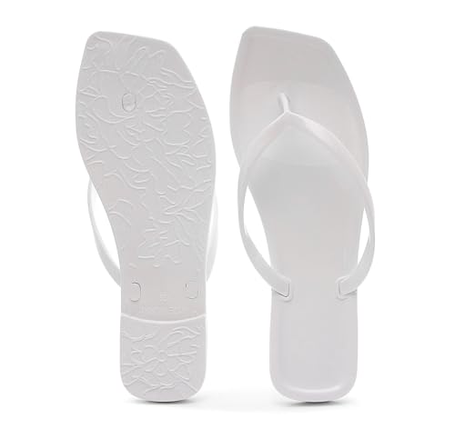Image of Womens Flip Flops Thong Sandals Jelly Shoes Flat for Ladies Slides White Slippers Size 8 Slip On Square Toe Summer Beach Dressy