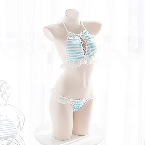 Womens Cute Anime Striped Bikini Girls Japanese Cosplay Bra and Panty Set Ruffle Underwear (Keyhole Blue)