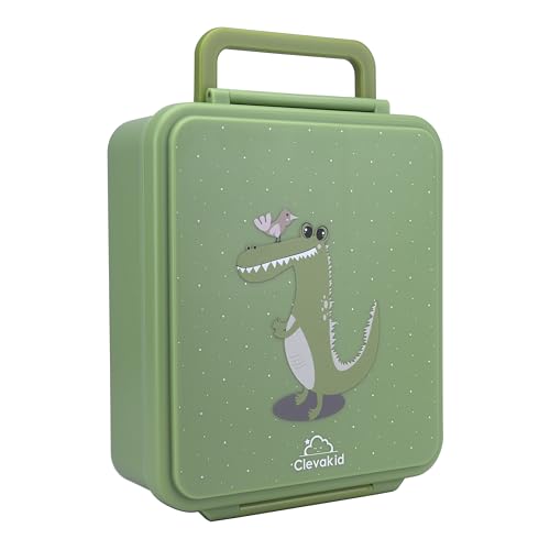 Image of Bento Mega Lunch Box, carrying handle - 4 No-Mix Compartments | Microwave & Dishwasher Safe | for Adult, Preschool, School 1600ML, OZ (Green Leaves ClevaGator Friend)