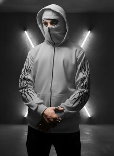 Image of Ninja Balaclava Zipper Hoodie for Men - Black Full Zip Hooded Jacket with Face Cover, Heavyweight Cotton 350 GSM Fleece Winter Streetwear Hoodie