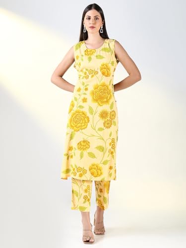 Image of SHOWOFFFF Women Printed Two-Piece Straight Ethnic Kurta Set | Round Neck Sleeveless Cotton Kurta Set for Womens | Mid-Rise Regular Fit Calf Length Kurta Set for Women's