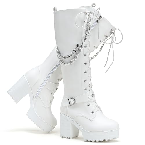 Image of Ladies' Boots Women Fashion Platform Block Heels Knee High Boots Lace up