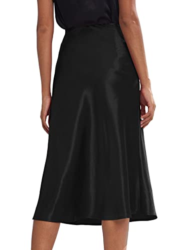 Rooscier Women's Silky Satin High Waist A Line Flared Zipper Elegant Midi Skirt2