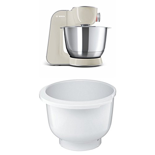 Bosch MUM58L20 CreationLine Küchenmaschine (1000 Watt, 3,9 Liter, edelstahl-Rührschüssel, Durchlaufschnitzler, Mixer-Aufsatz) silber + MUZ5KR1 Kunststoff-Rührschüssel für Küchenmaschine Mum5