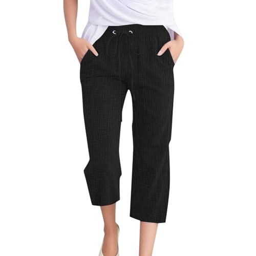 Pantalon d'été 3/4 mousseline fluide coupe capri avec poches latérales et ceinture stretch