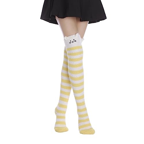 Image of Thigh High Fuzzy Socks Cute Animal Coral Fleece Over the Knee Thigh High Long Stockings Warm Stripe