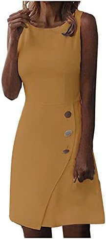 Smileyth Women's Sleeveless Pencil Dress Summer O-Neck Solid Color Buttons Knee-Length Office Lady Elegant Dress
