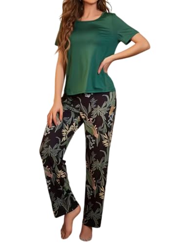 Image of TAGAS Women's Looper Fabric Night Suit Set - Soft Short Sleeve Printed Top with Floral Pajama Pants - Breathable Lightweight 2-Piece Sleepwear & Loungewear Set for Ladies