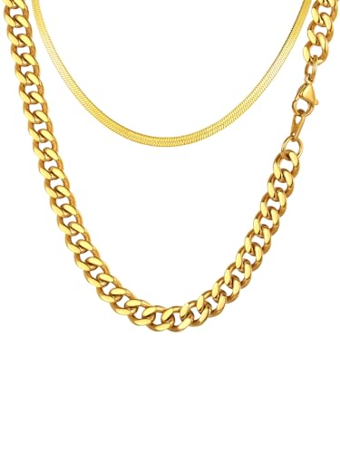 FindChic FindChic 7MM 18'' Men 18K Gold Plated Curb Chain Necklace and 15'' Herringbone Necklace Flat Snake Link Trendy Layered Necklaces
