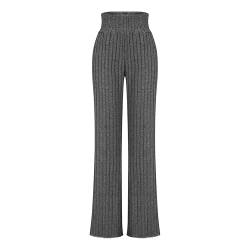 Work Pants Women Casual Elastic High Waist Wide Leg Lounge Pant Ribbed Knit Relaxed Comfy Loose Soft Fall Trousers4