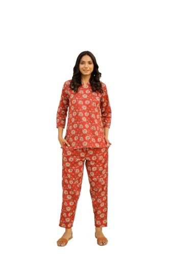 Image of SANSKRUTIHOMES Women's Premium 100% Cotton Printed Co-Ord Set | Short Sleeve Shirt & Pant Set | Pink Checkered Sun & Palm Tree Print | Casual Summer Resortwear, Vacation Wear & Comfortable Loungewear