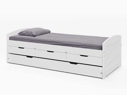 Joseph Smoke White Panel Wood Twin Daybed with Trundle, Pine Wood Captain’s Bed Storage Daybed, Space Saving Daybed with 3 Storage Drawers, No Box spring Needed, Trundle Bed, Smoke White
