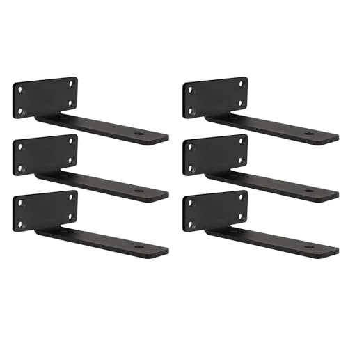 Heavy Duty 6 inch (1/5”-Thick) Hidden Floating Shelf Brackets, 6 Pack Rustproof Carbon Steel Shelf Brackets, Powder Coated 90 Angle Decorative Shelf Brackets, Floating Shelf Hardware for Wall Decor